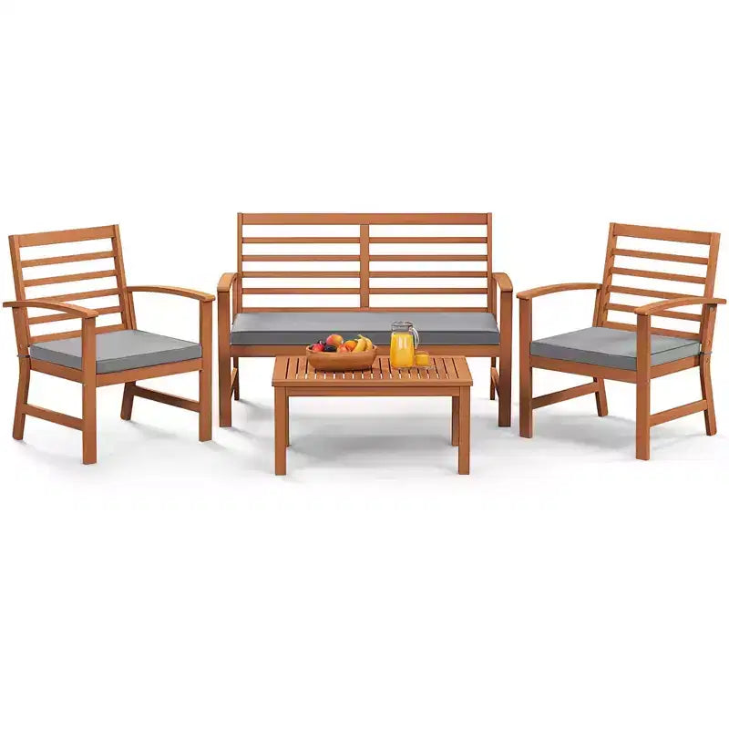Set Mobili da Esterno Costway 4 Pezzi con Cuscini Morbidi per Sedie Telaio Stabile in Legno di Acacia Bianco/Blu Navy/Grigio