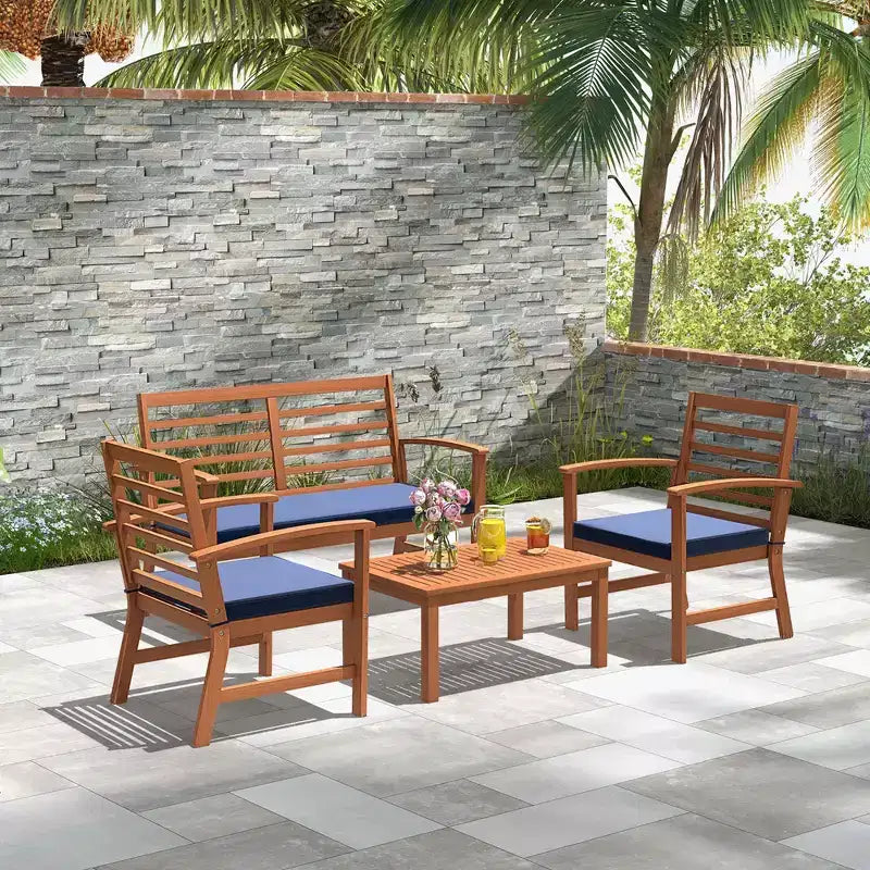 Set Mobili da Esterno Costway 4 Pezzi con Cuscini Morbidi per Sedie Telaio Stabile in Legno di Acacia Bianco/Blu Navy/Grigio