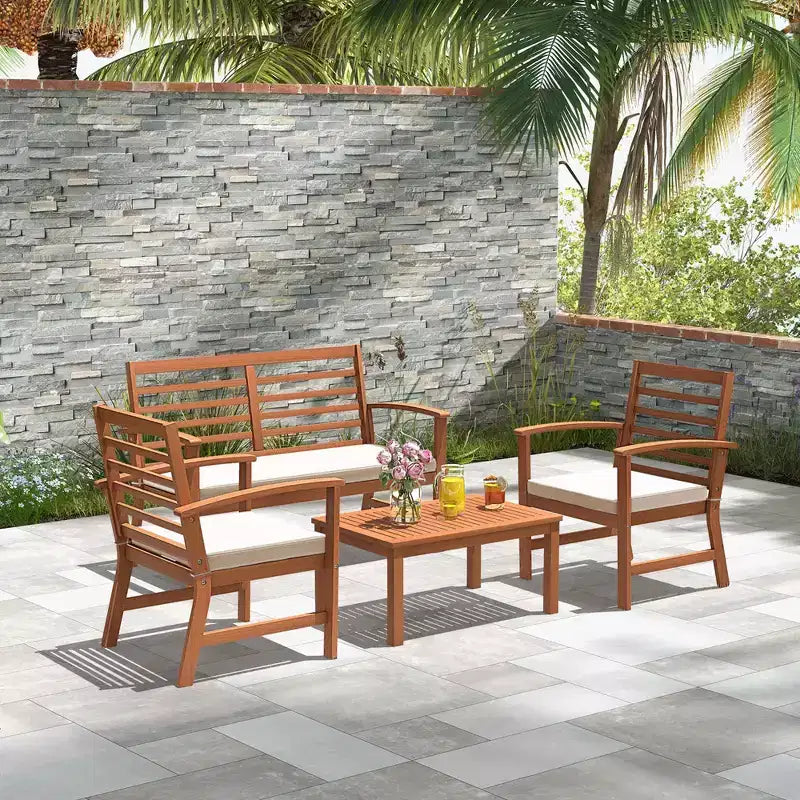 Set Mobili da Esterno Costway 4 Pezzi con Cuscini Morbidi per Sedie Telaio Stabile in Legno di Acacia Bianco/Blu Navy/Grigio