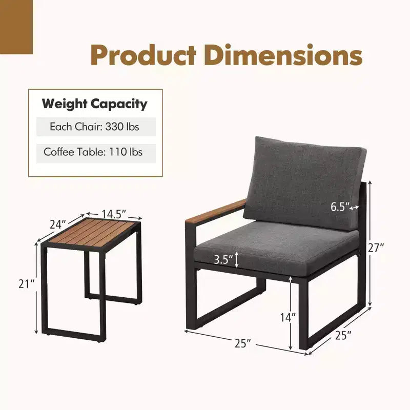 Costway Set Mobili da Giardino 3 Pezzi con Morbidi Cuscini Telaio in Alluminio Resistente alle Intemperie per Esterni