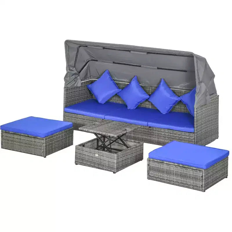 Set divano Outsunny da esterno in rattan regolabile a 4 pezzi, Set mobili da giardino in vimini con tavolino ad altezza regolabile e cuscini
