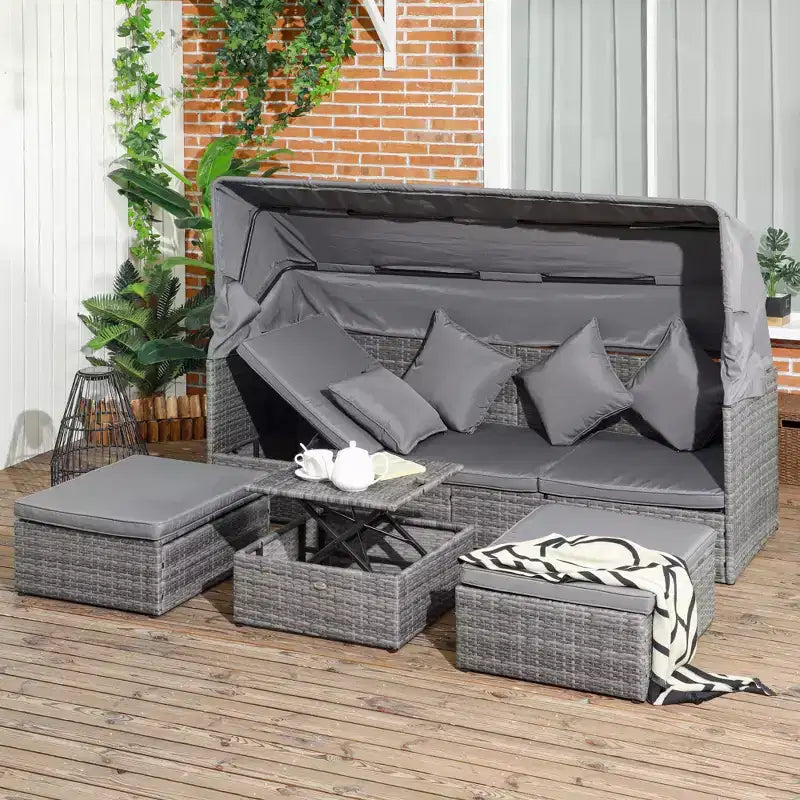 Set divano Outsunny da esterno in rattan regolabile a 4 pezzi, Set mobili da giardino in vimini con tavolino ad altezza regolabile e cuscini