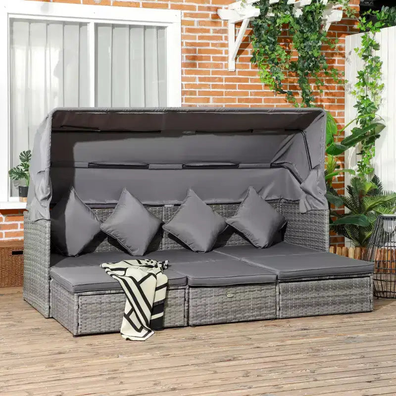 Set divano Outsunny da esterno in rattan regolabile a 4 pezzi, Set mobili da giardino in vimini con tavolino ad altezza regolabile e cuscini