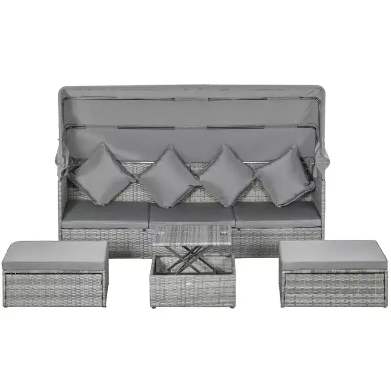 Set divano Outsunny da esterno in rattan regolabile a 4 pezzi, Set mobili da giardino in vimini con tavolino ad altezza regolabile e cuscini