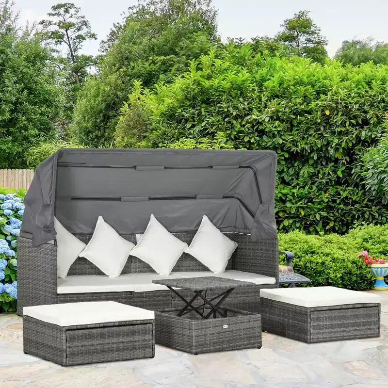 Set divano Outsunny da esterno in rattan regolabile a 4 pezzi, Set mobili da giardino in vimini con tavolino ad altezza regolabile e cuscini