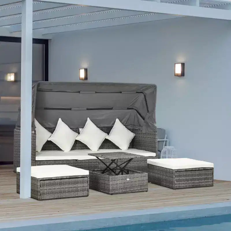 Set divano Outsunny da esterno in rattan regolabile a 4 pezzi, Set mobili da giardino in vimini con tavolino ad altezza regolabile e cuscini