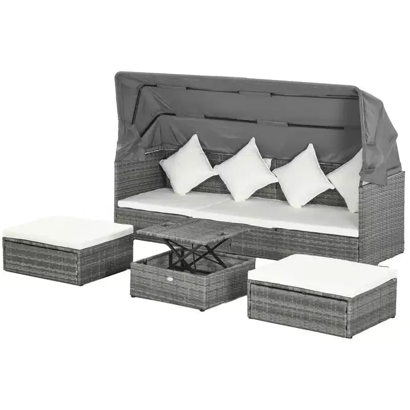 Set divano Outsunny da esterno in rattan regolabile a 4 pezzi, Set mobili da giardino in vimini con tavolino ad altezza regolabile e cuscini