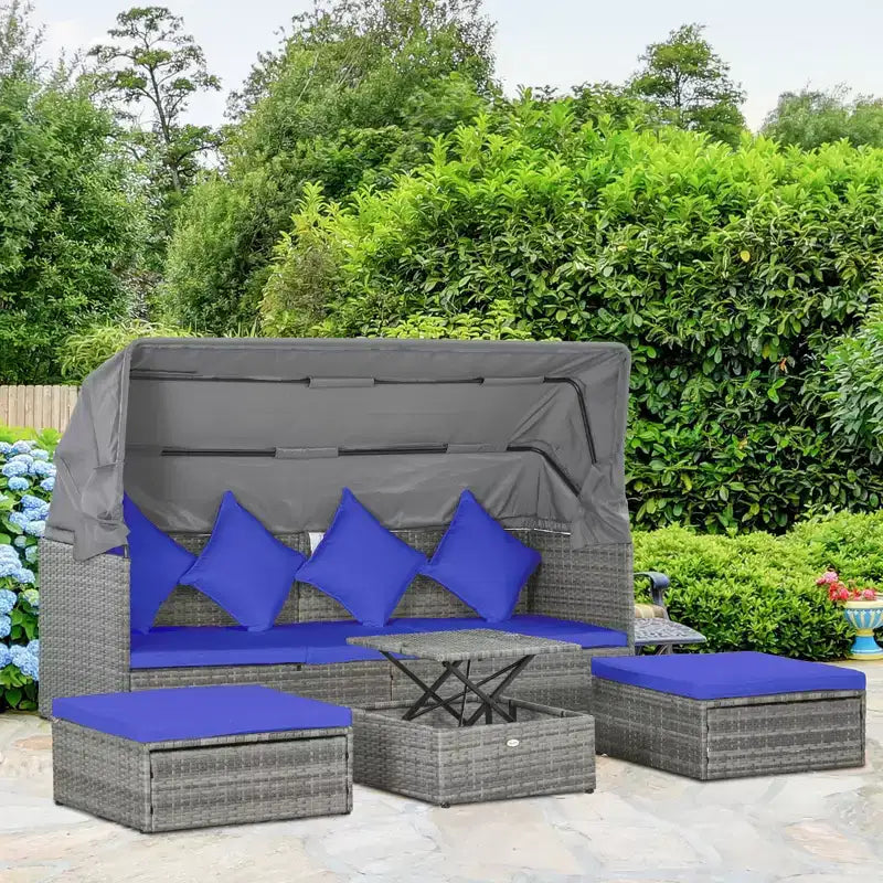 Set divano Outsunny da esterno in rattan regolabile a 4 pezzi, Set mobili da giardino in vimini con tavolino ad altezza regolabile e cuscini