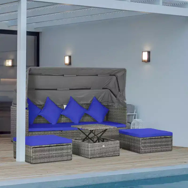 Set divano Outsunny da esterno in rattan regolabile a 4 pezzi, Set mobili da giardino in vimini con tavolino ad altezza regolabile e cuscini