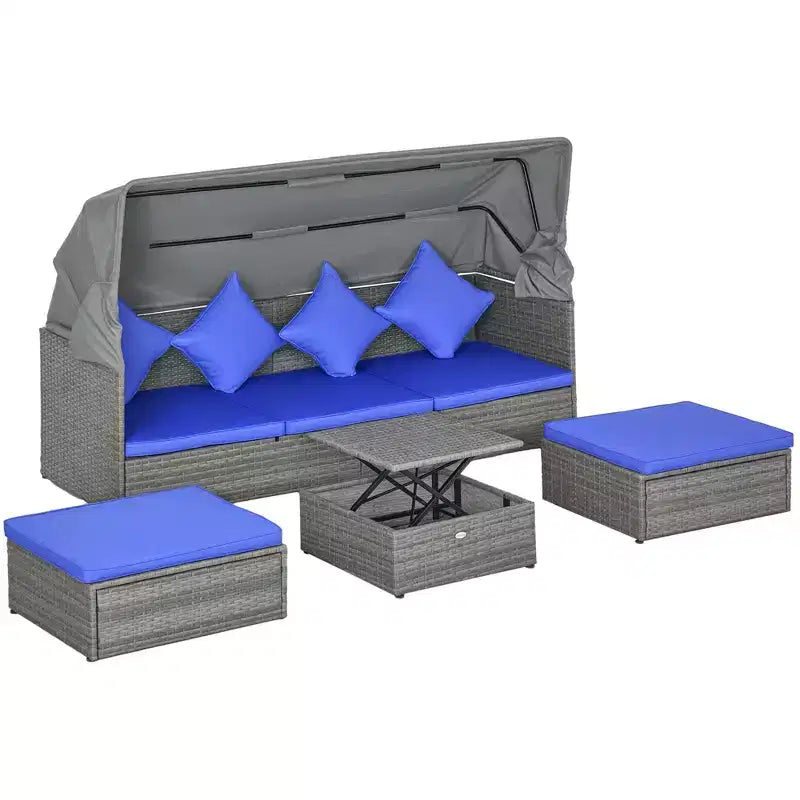 Set divano Outsunny da esterno in rattan regolabile a 4 pezzi, Set mobili da giardino in vimini con tavolino ad altezza regolabile e cuscini