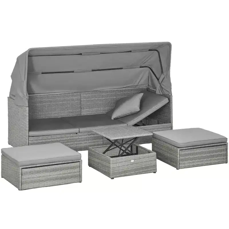 Set divano Outsunny da esterno in rattan regolabile a 4 pezzi, Set mobili da giardino in vimini con tavolino ad altezza regolabile e cuscini