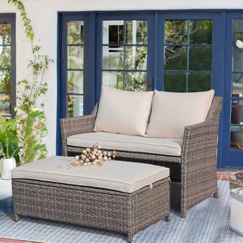Sunsitt Set 2 Pezzi da Esterno in Vimini con Divanetto e Tavolino da Caffè con Contenitore Integrato