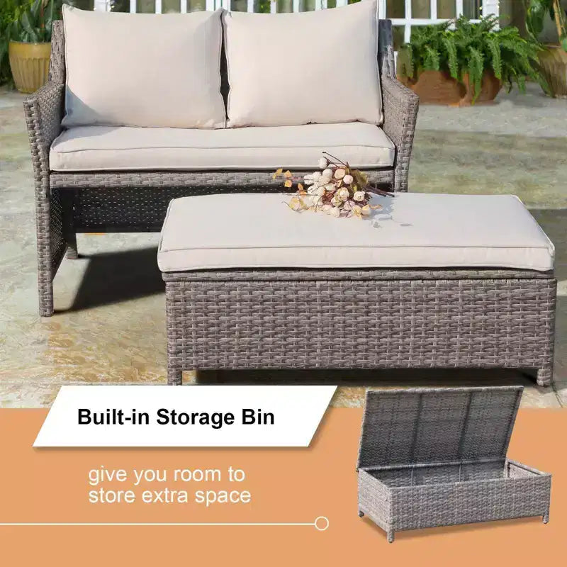 Sunsitt Set 2 Pezzi da Esterno in Vimini con Divanetto e Tavolino da Caffè con Contenitore Integrato