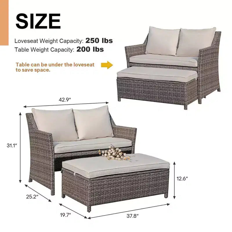 Sunsitt Set 2 Pezzi da Esterno in Vimini con Divanetto e Tavolino da Caffè con Contenitore Integrato