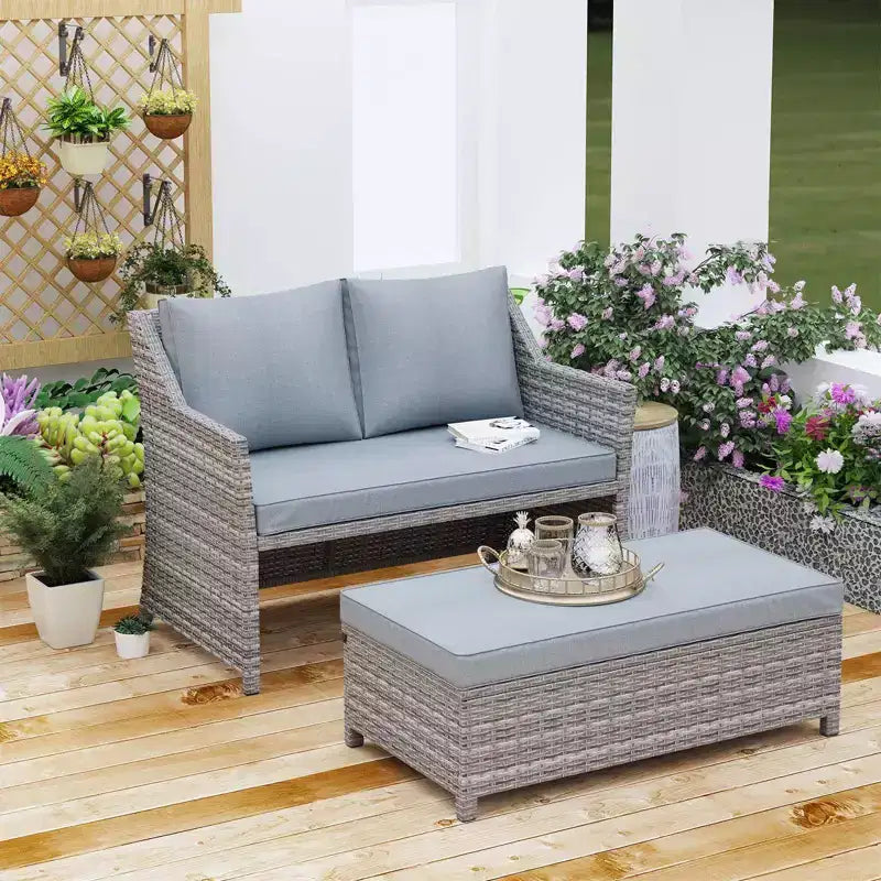 Sunsitt Set 2 Pezzi da Esterno in Vimini con Divanetto e Tavolino da Caffè con Contenitore Integrato