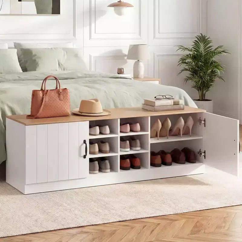 2-Door Shoe Bench wirh Adjustable Shelves Hidden Storage Space Natural + White/Whi5te