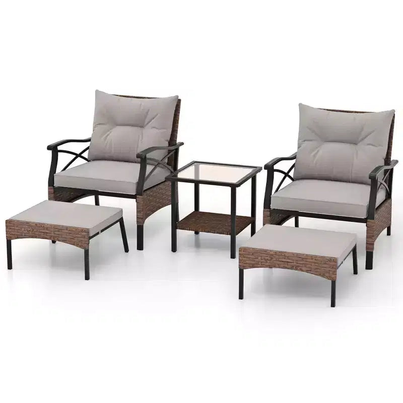 Costway Set da 5 Pezzi per Patio con Tavolino da Caffè a 2 Livelli e 2 Pouf con Cuscini Inclusi