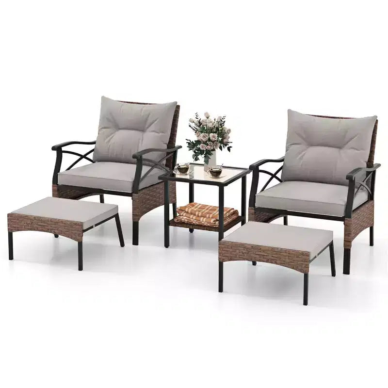 Costway Set da 5 Pezzi per Patio con Tavolino da Caffè a 2 Livelli e 2 Pouf con Cuscini Inclusi