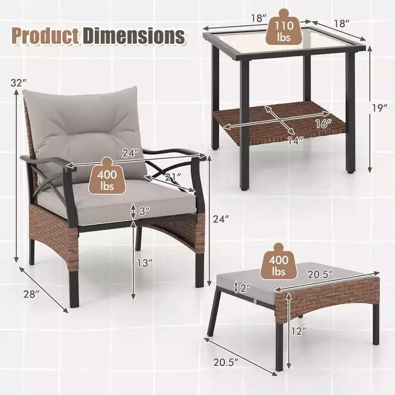 Costway Set da 5 Pezzi per Patio con Tavolino da Caffè a 2 Livelli e 2 Pouf con Cuscini Inclusi