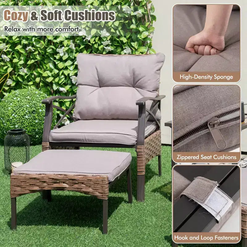 Costway Set da 5 Pezzi per Patio con Tavolino da Caffè a 2 Livelli e 2 Pouf con Cuscini Inclusi