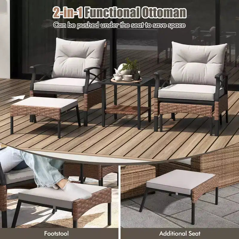 Costway Set da 5 Pezzi per Patio con Tavolino da Caffè a 2 Livelli e 2 Pouf con Cuscini Inclusi