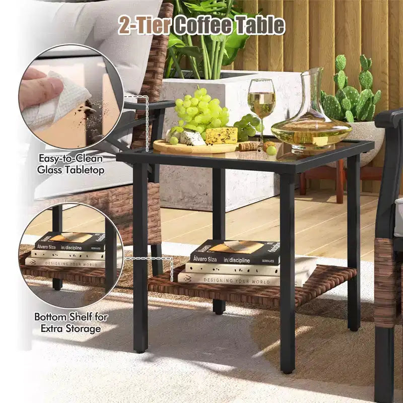 Costway Set da 5 Pezzi per Patio con Tavolino da Caffè a 2 Livelli e 2 Pouf con Cuscini Inclusi
