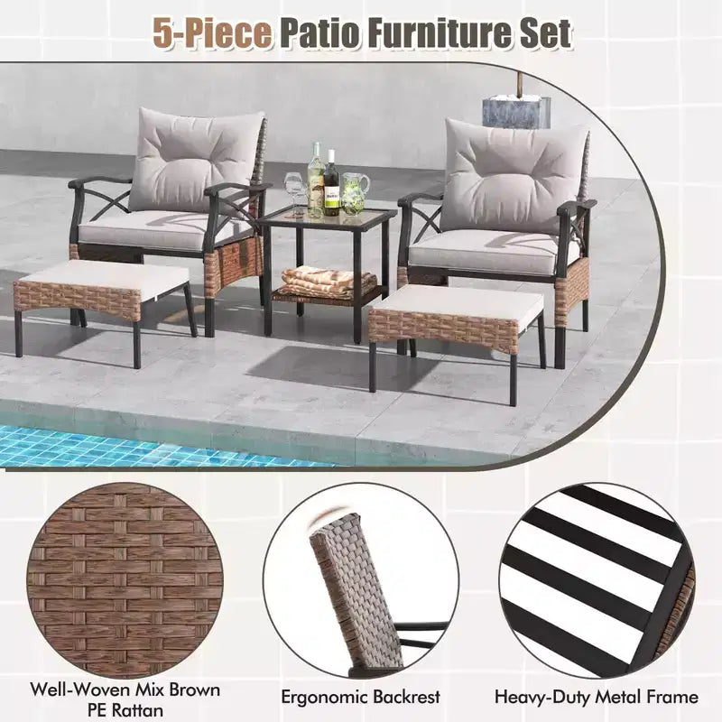 Costway Set da 5 Pezzi per Patio con Tavolino da Caffè a 2 Livelli e 2 Pouf con Cuscini Inclusi