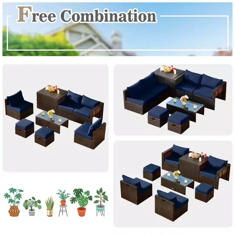 Costway Set Mobili da Esterno in Vimini 8 Pezzi con Contenitore Tavolo in Vetro Temperato 2 Pouf