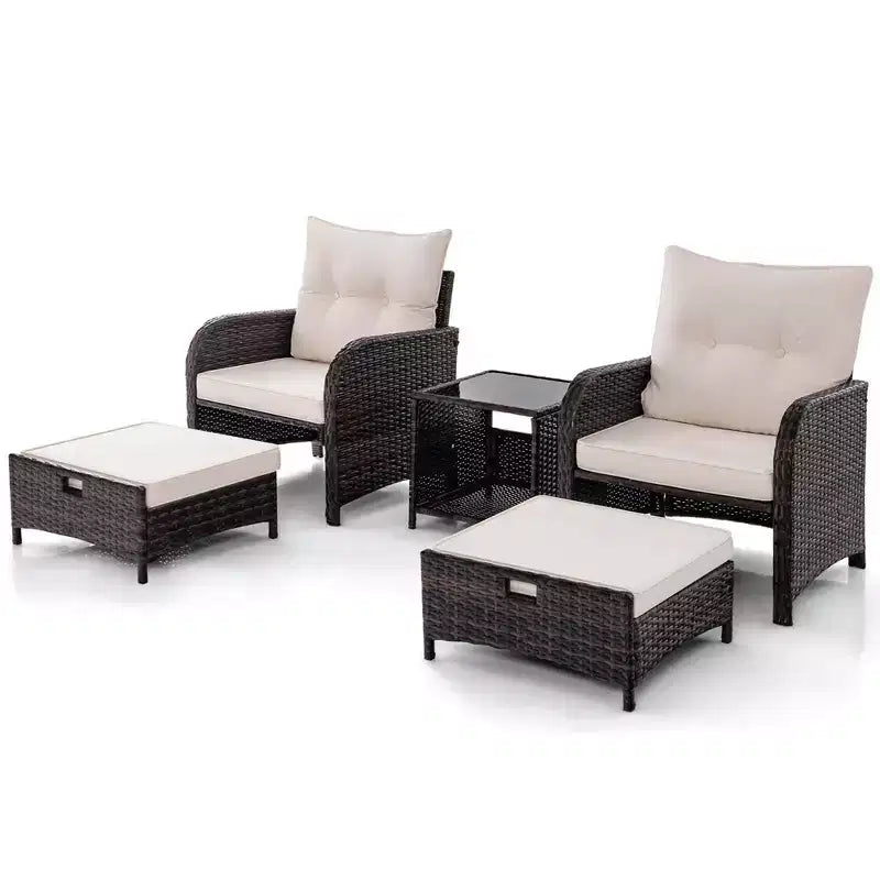 Costway Set da conversazione da patio 5 pezzi con 2 sedie, 2 pouf e 1 tavolino da caffè per giardino, beige
