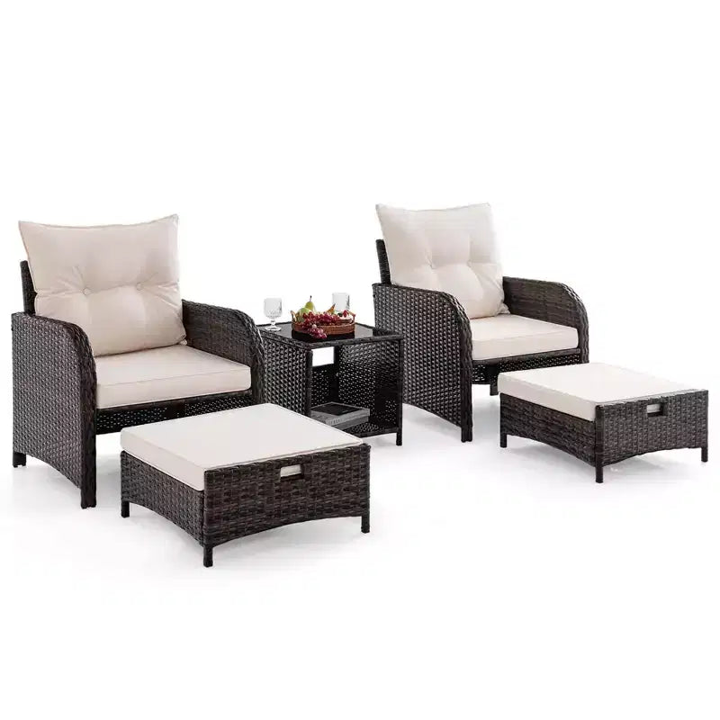 Costway Set da conversazione da patio 5 pezzi con 2 sedie, 2 pouf e 1 tavolino da caffè per giardino, beige