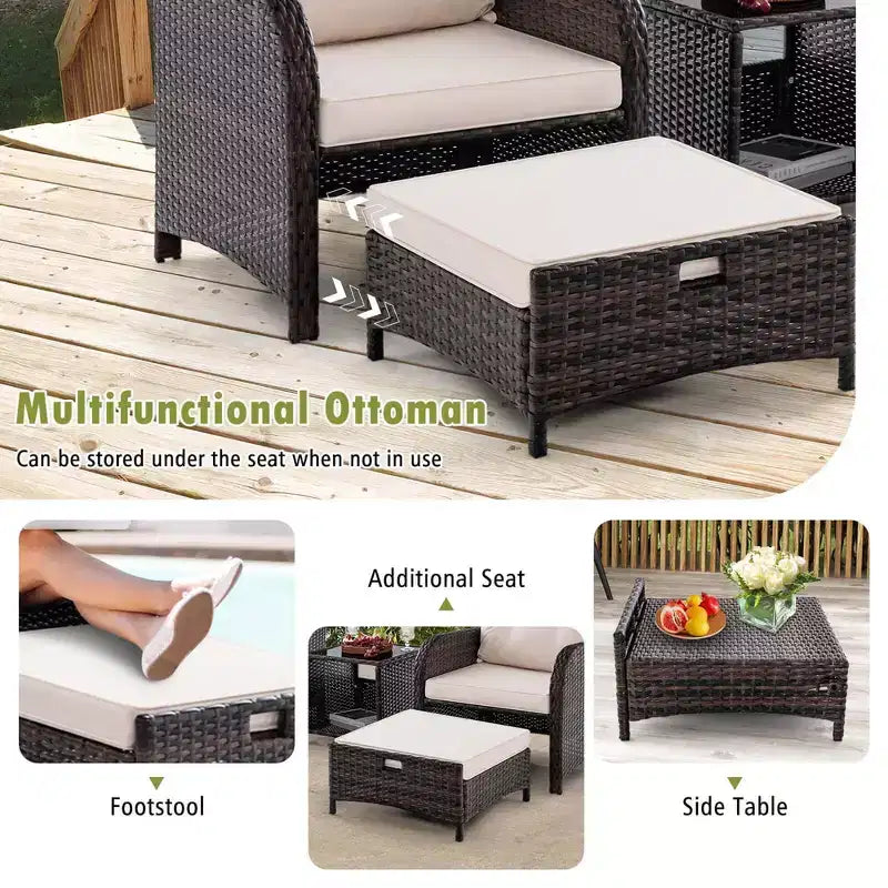 Costway Set da conversazione da patio 5 pezzi con 2 sedie, 2 pouf e 1 tavolino da caffè per giardino, beige