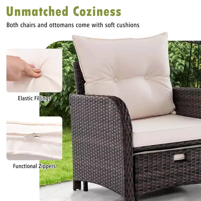 Costway Set da conversazione da patio 5 pezzi con 2 sedie, 2 pouf e 1 tavolino da caffè per giardino, beige