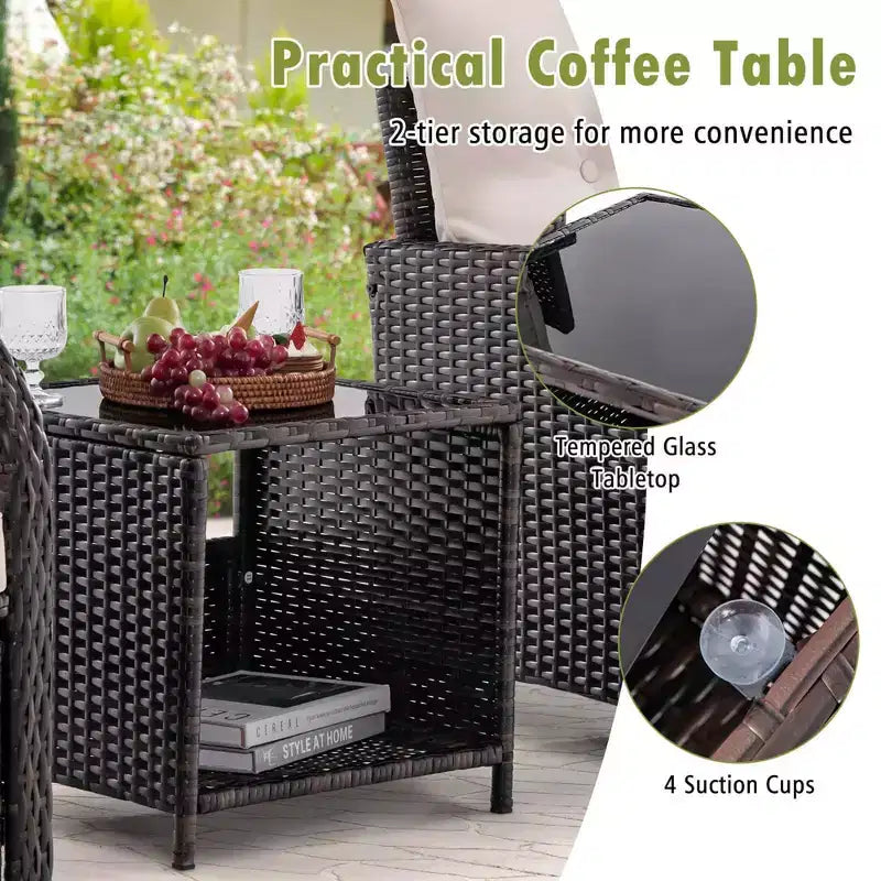 Costway Set da conversazione da patio 5 pezzi con 2 sedie, 2 pouf e 1 tavolino da caffè per giardino, beige