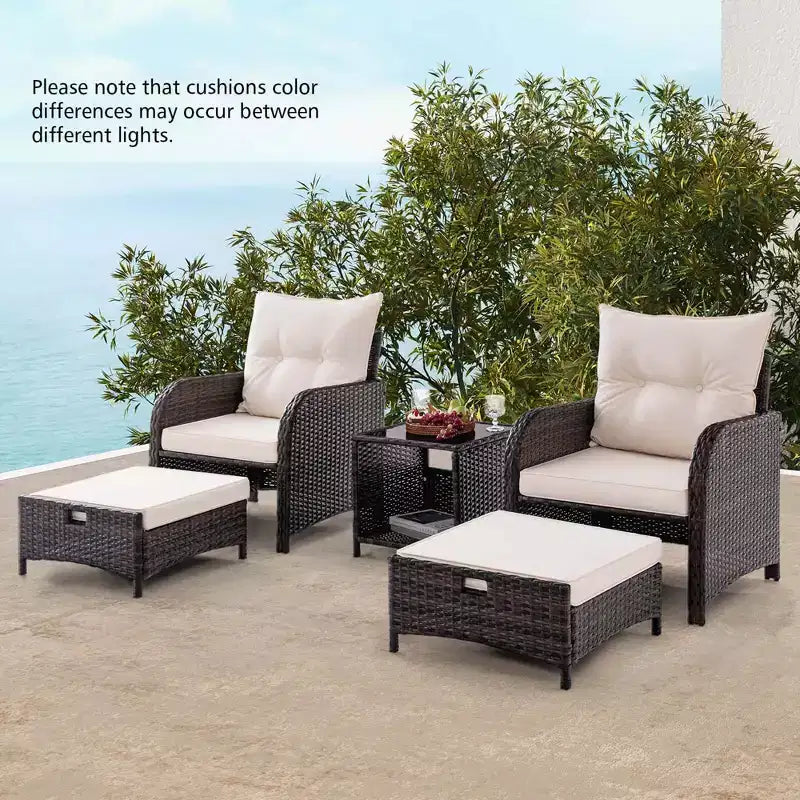 Costway Set da conversazione da patio 5 pezzi con 2 sedie, 2 pouf e 1 tavolino da caffè per giardino, beige