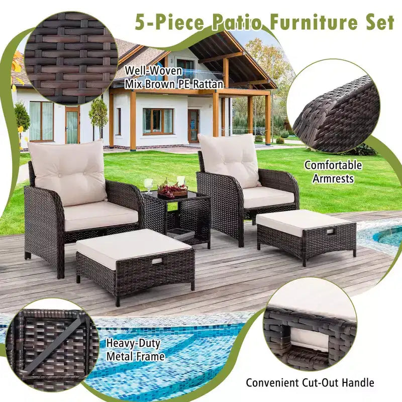 Costway Set da conversazione da patio 5 pezzi con 2 sedie, 2 pouf e 1 tavolino da caffè per giardino, beige
