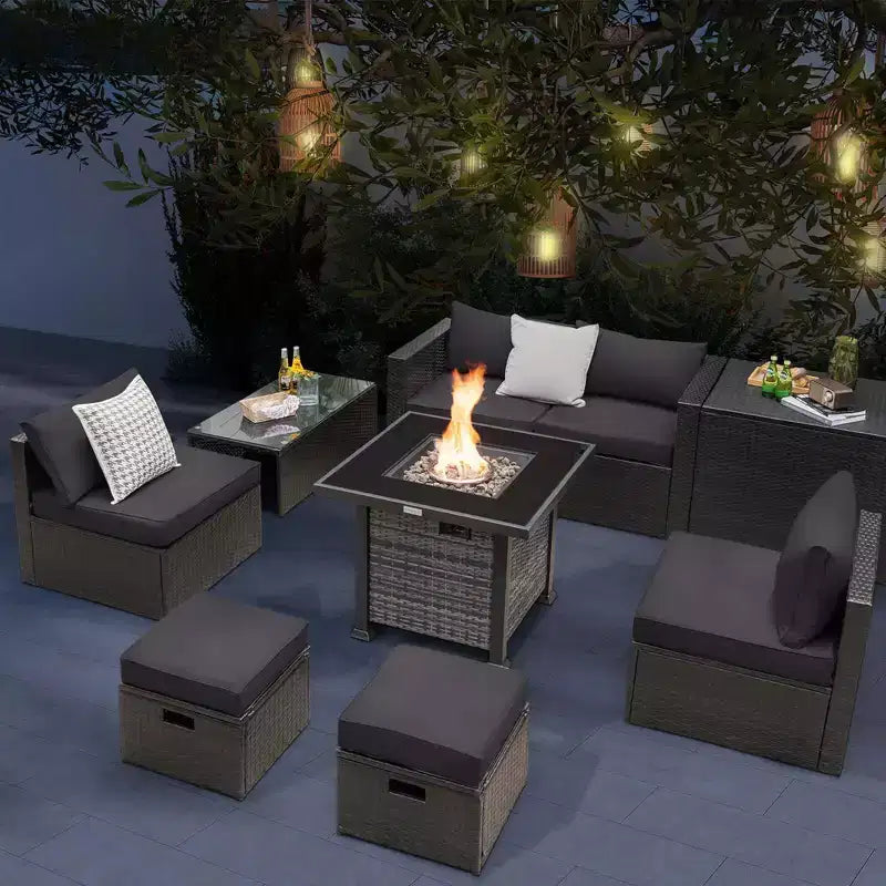 Set di mobili da giardino Costway 9 pezzi con tavolo fuoco a propano da 50.000 BTU Nero/Grigio/Blu scuro/Rosso/Bianco/Turchese