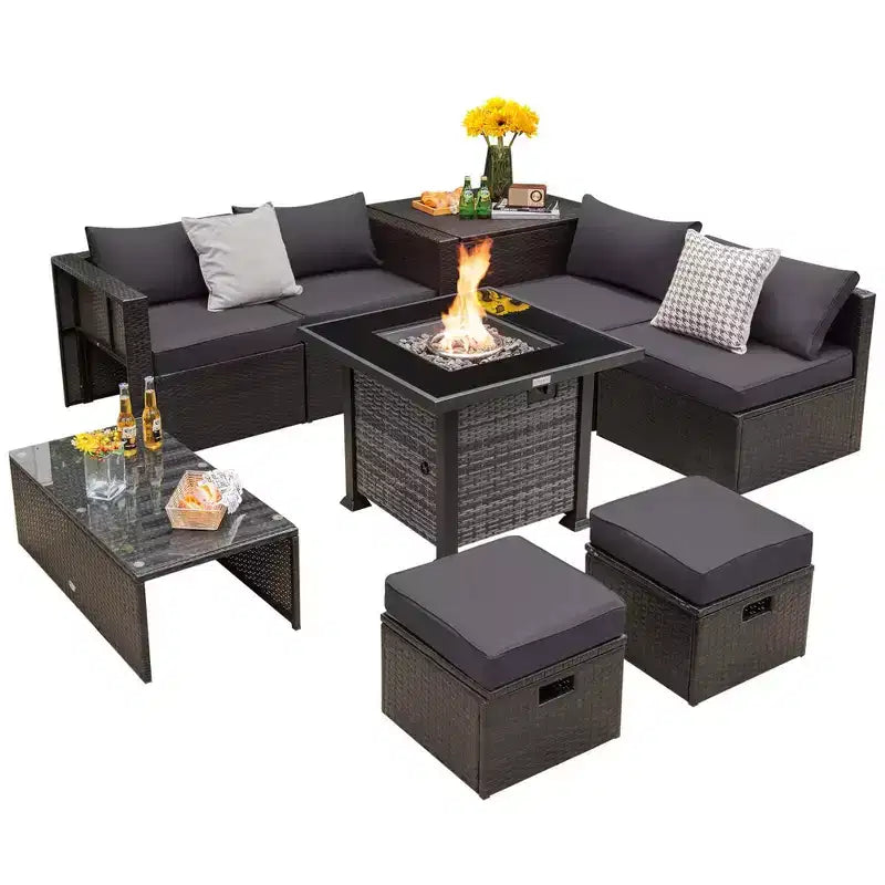 Set di mobili da giardino Costway 9 pezzi con tavolo fuoco a propano da 50.000 BTU Nero/Grigio/Blu scuro/Rosso/Bianco/Turchese