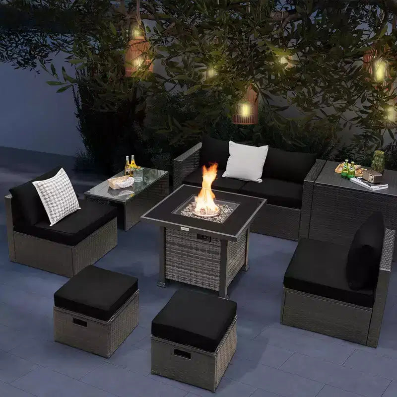 Set di mobili da giardino Costway 9 pezzi con tavolo fuoco a propano da 50.000 BTU Nero/Grigio/Blu scuro/Rosso/Bianco/Turchese