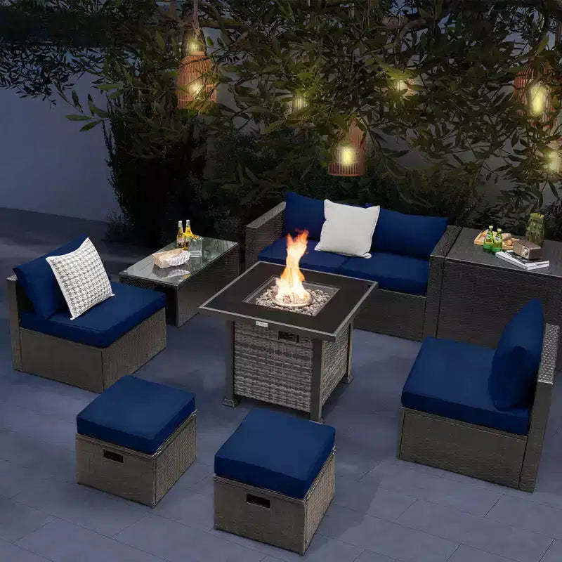 Set di mobili da giardino Costway 9 pezzi con tavolo fuoco a propano da 50.000 BTU Nero/Grigio/Blu scuro/Rosso/Bianco/Turchese