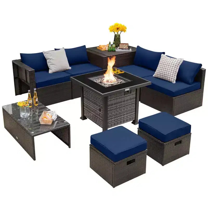 Set di mobili da giardino Costway 9 pezzi con tavolo fuoco a propano da 50.000 BTU Nero/Grigio/Blu scuro/Rosso/Bianco/Turchese