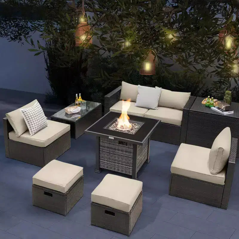 Set di mobili da giardino Costway 9 pezzi con tavolo fuoco a propano da 50.000 BTU Nero/Grigio/Blu scuro/Rosso/Bianco/Turchese