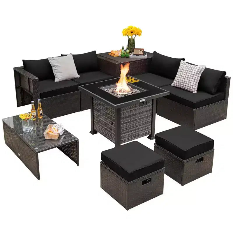 Set di mobili da giardino Costway 9 pezzi con tavolo fuoco a propano da 50.000 BTU Nero/Grigio/Blu scuro/Rosso/Bianco/Turchese