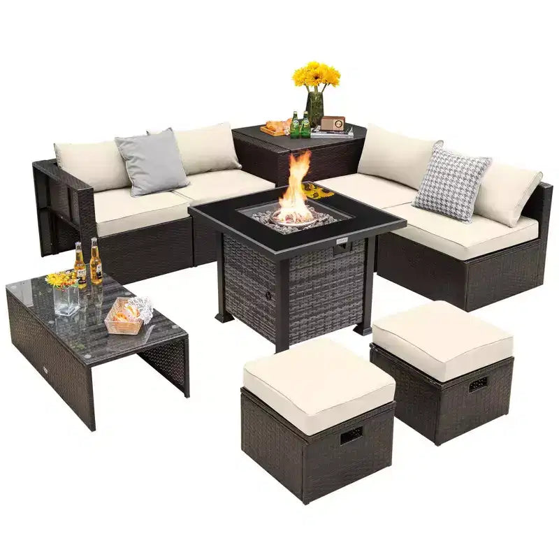 Set di mobili da giardino Costway 9 pezzi con tavolo fuoco a propano da 50.000 BTU Nero/Grigio/Blu scuro/Rosso/Bianco/Turchese