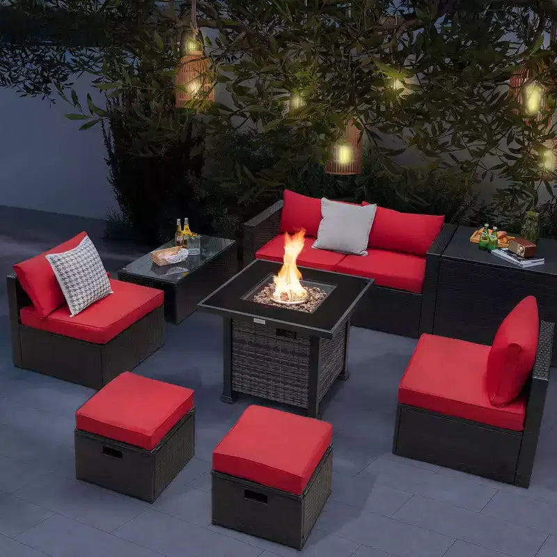 Set di mobili da giardino Costway 9 pezzi con tavolo fuoco a propano da 50.000 BTU Nero/Grigio/Blu scuro/Rosso/Bianco/Turchese