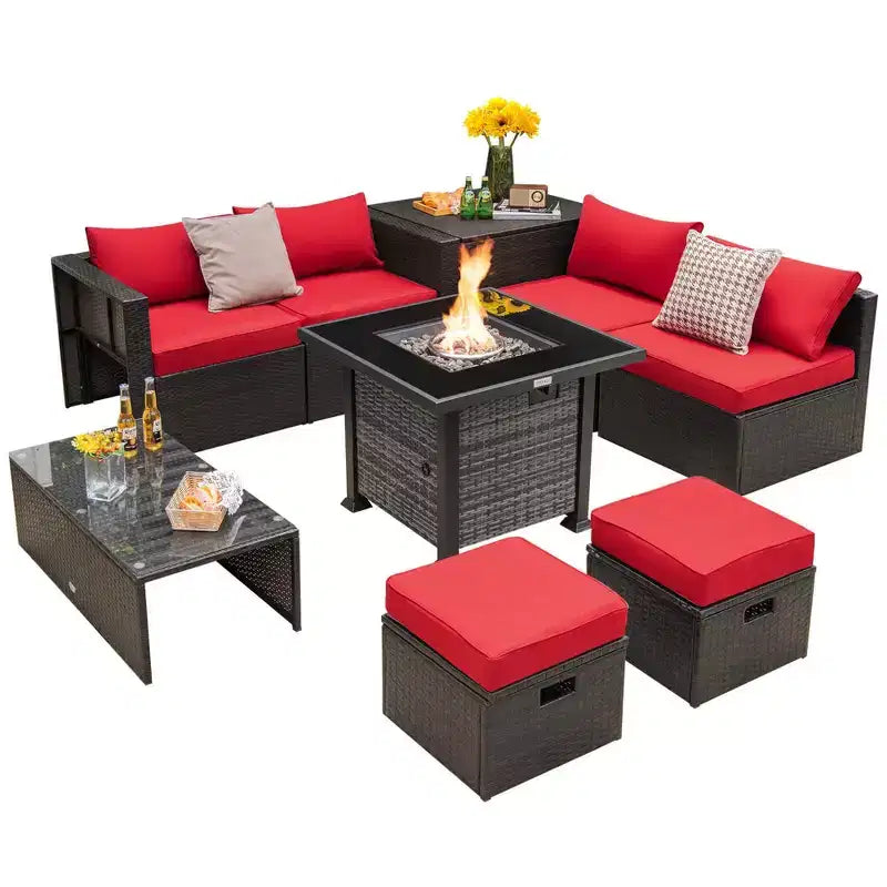 Set di mobili da giardino Costway 9 pezzi con tavolo fuoco a propano da 50.000 BTU Nero/Grigio/Blu scuro/Rosso/Bianco/Turchese