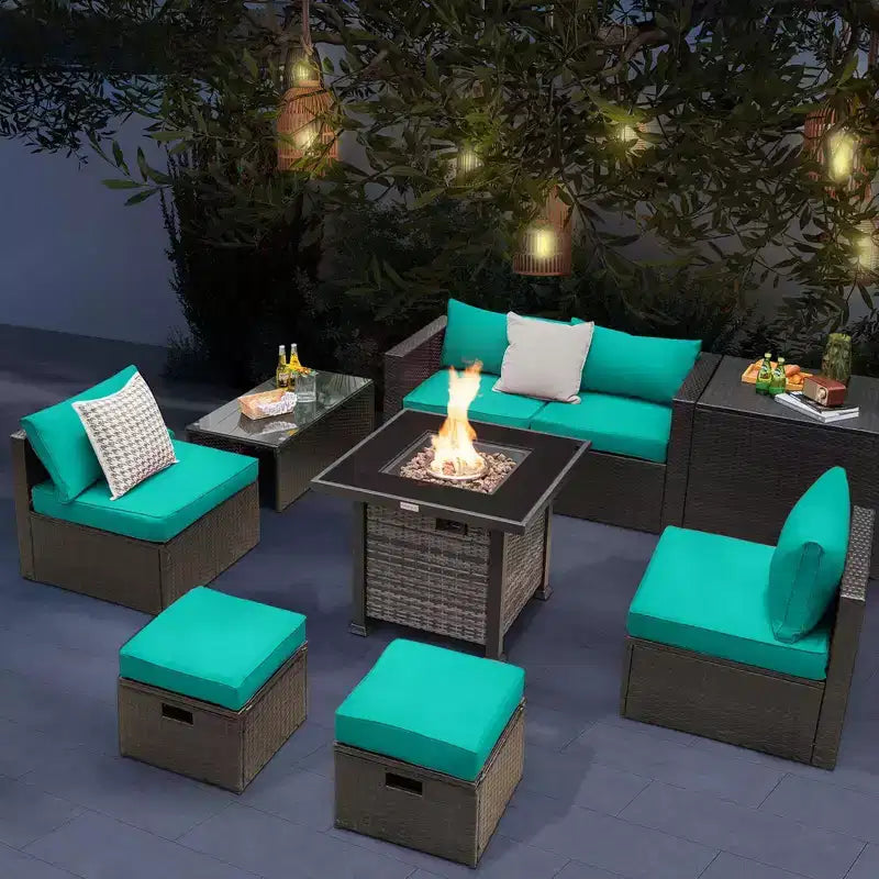 Set di mobili da giardino Costway 9 pezzi con tavolo fuoco a propano da 50.000 BTU Nero/Grigio/Blu scuro/Rosso/Bianco/Turchese