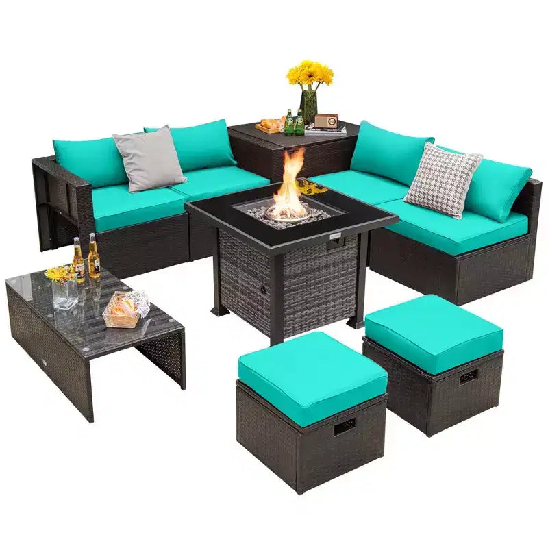 Set di mobili da giardino Costway 9 pezzi con tavolo fuoco a propano da 50.000 BTU Nero/Grigio/Blu scuro/Rosso/Bianco/Turchese
