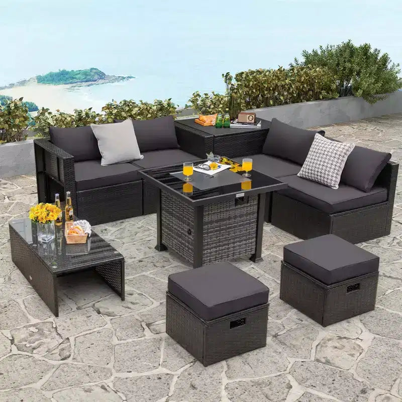 Set di mobili da giardino Costway 9 pezzi con tavolo fuoco a propano da 50.000 BTU Nero/Grigio/Blu scuro/Rosso/Bianco/Turchese