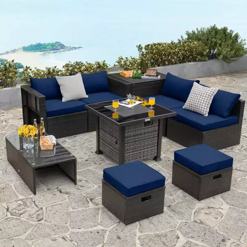 Set di mobili da giardino Costway 9 pezzi con tavolo fuoco a propano da 50.000 BTU Nero/Grigio/Blu scuro/Rosso/Bianco/Turchese