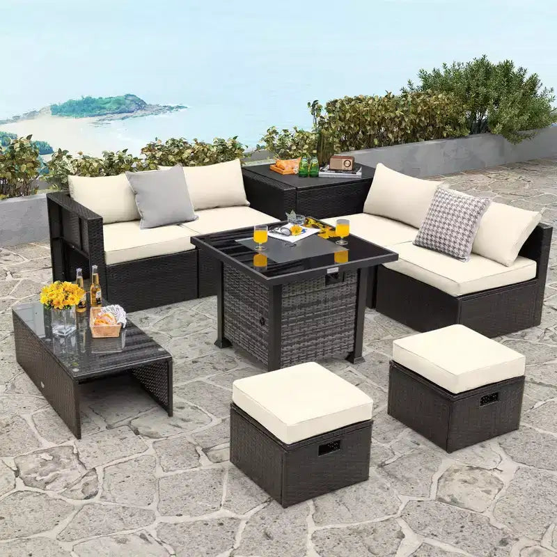 Set di mobili da giardino Costway 9 pezzi con tavolo fuoco a propano da 50.000 BTU Nero/Grigio/Blu scuro/Rosso/Bianco/Turchese